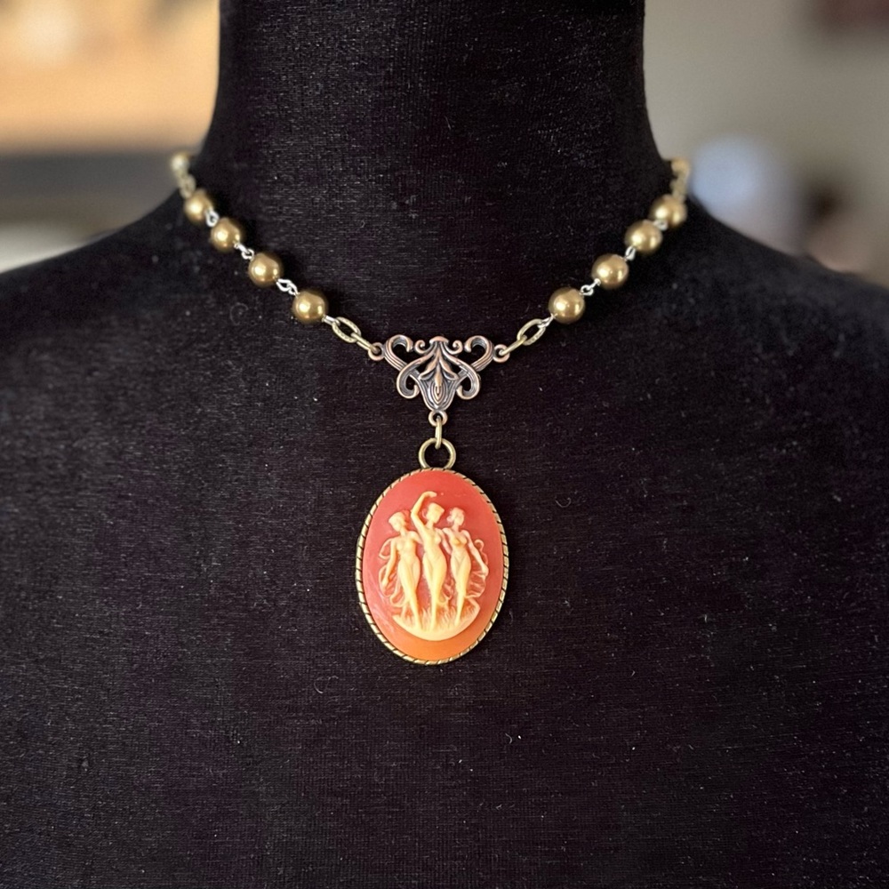 Vintage Carnelian Three Graces Fates Muses Victorian Style Cameo Necklace
